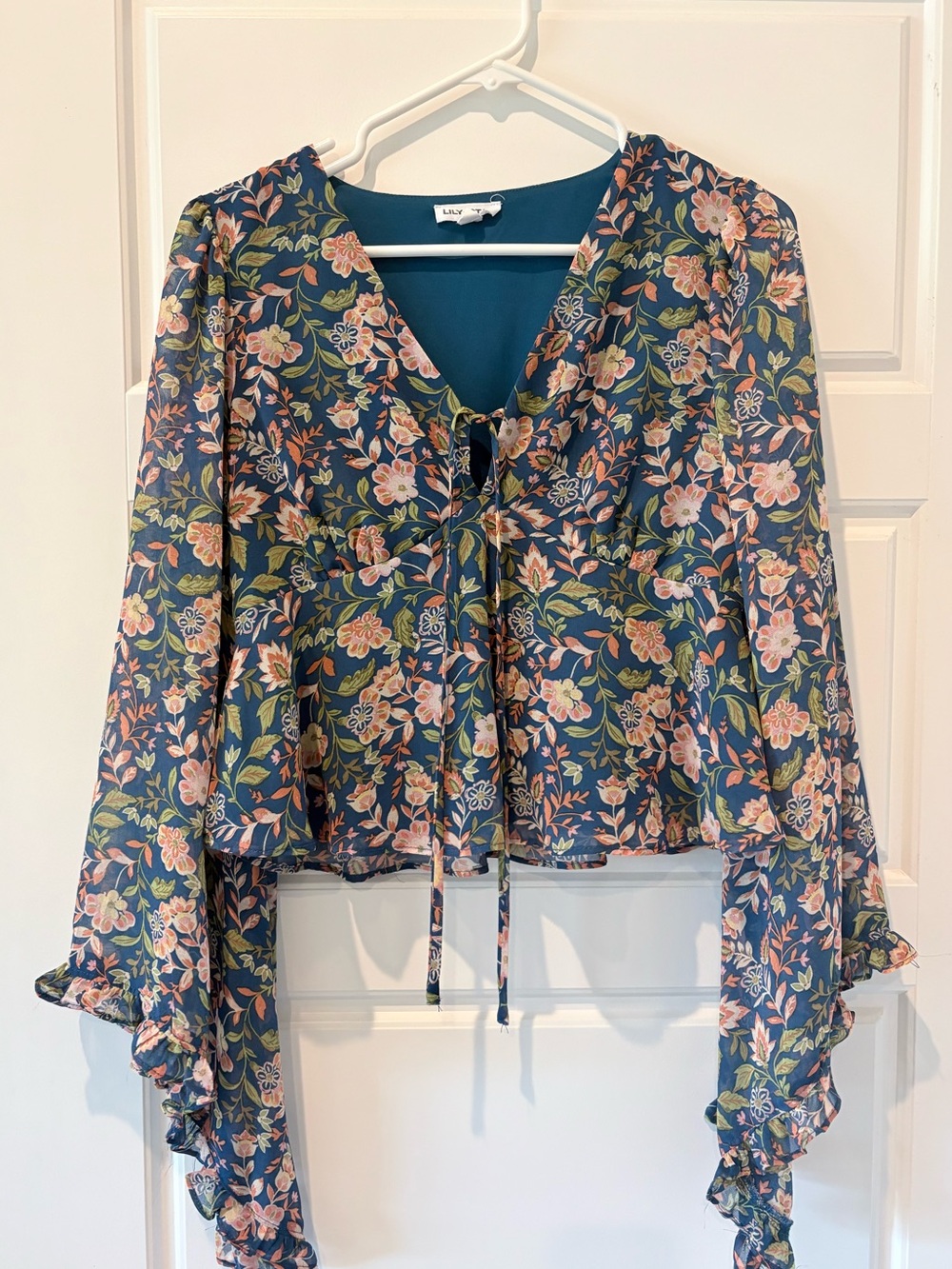 Lily Star Floral Bell Sleeve Wrap Top Blue Boho Medium